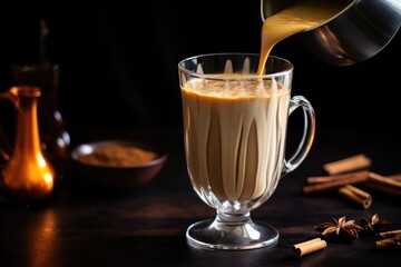 Fototapeta na wymiar pouring hot chai latte mixture into a clear glass mug