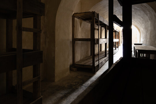 Wooden bunk beds in mass prison cells in the Small Fortress, which served as a Prague Gestapo prison for opponents of the Nazi regime in 1940&mdash;1945. Terezin Memorial