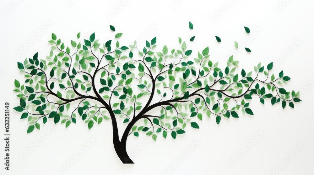 Poster Green leafy tree silhouette on a white background representing nature Flat lay with a creative and aesthetic concept