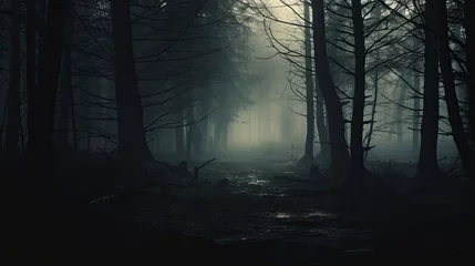 Foto auf Acrylglas Fantasielandschaft Spooky misty forest on a cold foggy morning