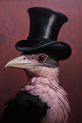 Elegant Pink Bird with Top Hat and Glasses AI Generated