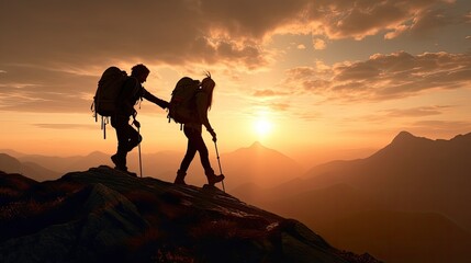 Couple hiking together assisting each other forming a climbing team on mountain at sunset