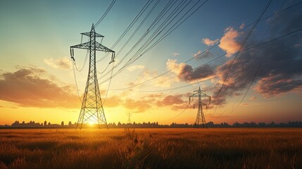 Sunset scene with high voltage power line in field