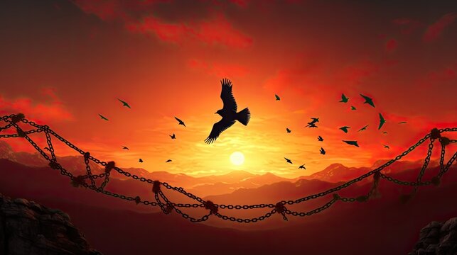 Freedom represented by bird flying and broken chains against sunset mountain backdrop
