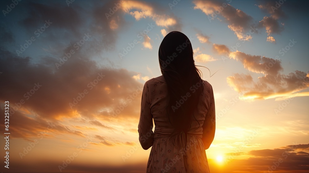 Wall mural woman praying against lovely sky backdrop