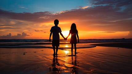 Kids silhouette holding hands at sunset on the beach enjoying tranquil moment with stunning colors
