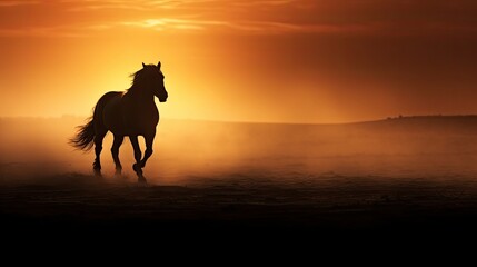 Silhouetted Arabian horse against sunrise in dense fog