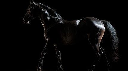 Backlit silhouette of a Spanish horse on black background