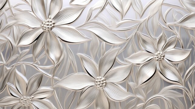 Pattern embossed metal aluminium texture background. Interior wall decoration abstract floral glass embossed flowers pattern.