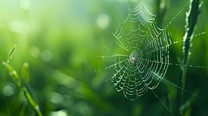 High quality photo of a spider in a web on a green background with selective focus