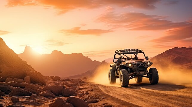Off road vehicles driving through a dusty desert at sunset for tourists in Sharm el Sheikh resorts Egypt