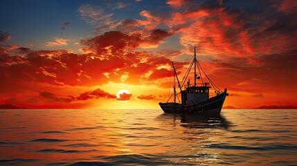 Fototapeta premium Scenic moment small fishing ship at sunset sailing amidst clouds