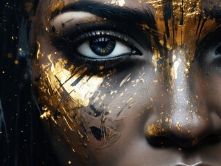 Stunning Woman with Black and Gold Paint in Eye-Catching Urban Style AI Generated