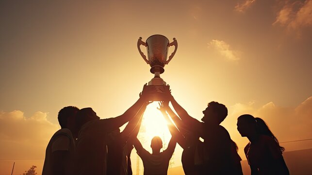 Victorious team triumphs under sunset with trophy and numerous silhouetted hands