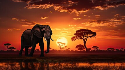 Naklejka na ściany i meble Silhouetted African Elephant during Botswana safari at African sunset