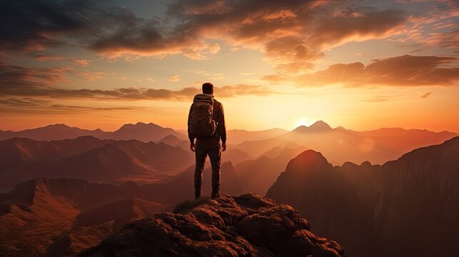 A solitary traveler admires the sunset from a cliff s edge surrounded by mountains and valley in an adventure filled hiking experience