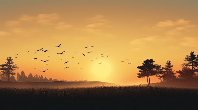 World environment day symbol Birds flying at dawn over autumn landscape