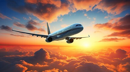 Fototapeta na wymiar Commercial airplane jetliner flying above dramatic clouds in beautiful sunset light Travel concept