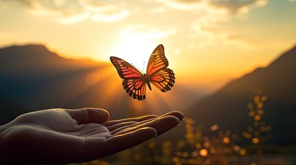 Hand in a meditation position and butterfly Sunset in the mountains shown in a close up shot