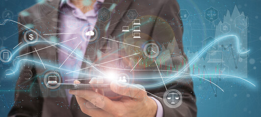 Double exposure of man's hands holding and using a phone and social network theme drawing.