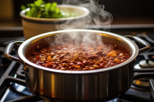 steaming pot of homemade chili on stove