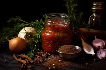 chutney in glass jar with herbs and spices