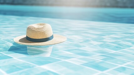 Fototapeta na wymiar Minimal aesthetic summer vacation concept background Sunglasses and a straw hat by a marble swimming pool with clear blue water waves sunlight and shadow reflections