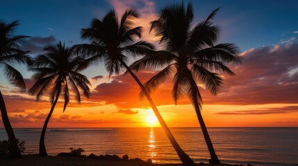 Palm trees silhouette against a stunning background of a tropical sunset beach