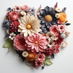 Colorful Wildflowers Arranged in a Heart Shape on a White Background AI Generated