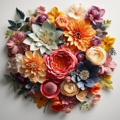 Colorful Wildflowers Arranged in a Heart Shape on a White Background AI Generated