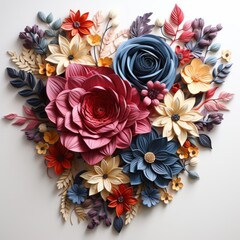 Colorful Wildflowers Arranged in a Heart Shape on a White Background AI Generated