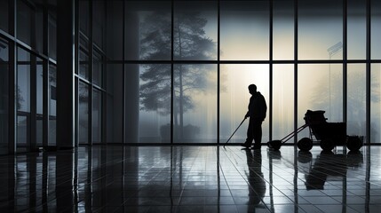 Fototapeta na wymiar Janitor with cart walking through frosted glass breezeway silhouette