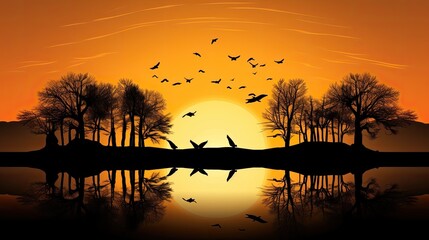 Ideal image for printing or website decoration birds and trees in silhouette
