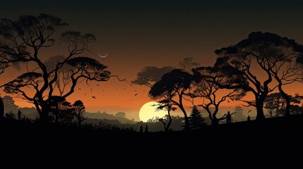 Fototapeta na wymiar Nighttime landscape with dark tree outlines