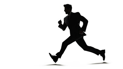 Silhouetted caucasian businessman on white background running