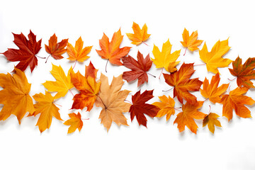 Naklejka na ściany i meble Autumn leaves laying on the floor, start of autumn season, white canvas background. Generative Ai