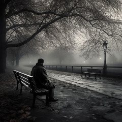 Concept of total loneliness. Lonely man sitting on bench. AI illustration.. - obrazy, fototapety, plakaty