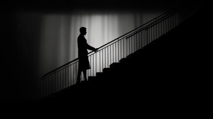 Two people descending the stairs in shadow