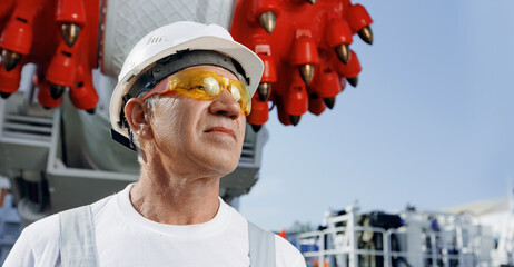 Portrait of miner man standing background industry harvester shearer drill head for coal mine