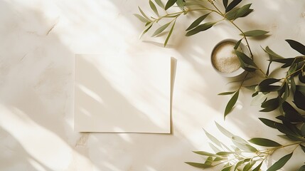 Summer wedding stationery mock up scene with a blank greeting card wooden plate and olive tree leaves and branches in sunlight White table background with palm shadows Femi