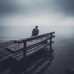 Concept of total loneliness. Lonely man sitting on bench. AI illustration..