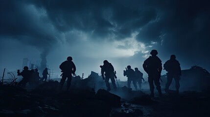 Selective focus on ruined city skyline at night soldiers silhouettes below foggy war sky depicting a fighting scene in the concept of war