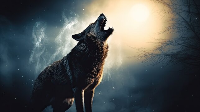 Halloween concept Wolf silhouette howling at full moon in foggy backdrop