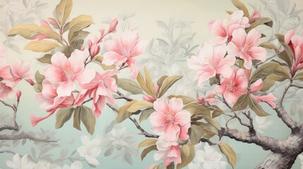 Botanical Wallpaper with Light Beige Hue Blossoms AI Generated