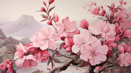 Botanical Wallpaper with Light Beige Hue Blossoms AI Generated