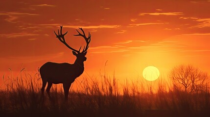 Red Deer stag silhouette at UK sunrise during rutting season