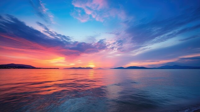 Beautiful cloudscape scenery with a stunning natural light reflection in the tropical sea during sunrise or sunset