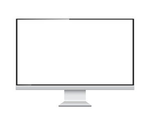 Computer monitor mockup. Pc template with blank screen. Silver desktop isolated on white or transparent background.