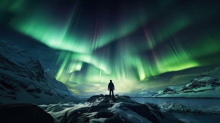 Silhouette of a man on a mountain with the aurora borealis symbolizing freedom and travel