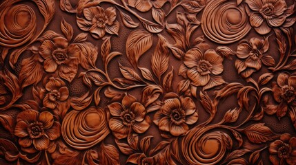 Vintage brown leather with embossed floral pattern - obrazy, fototapety, plakaty